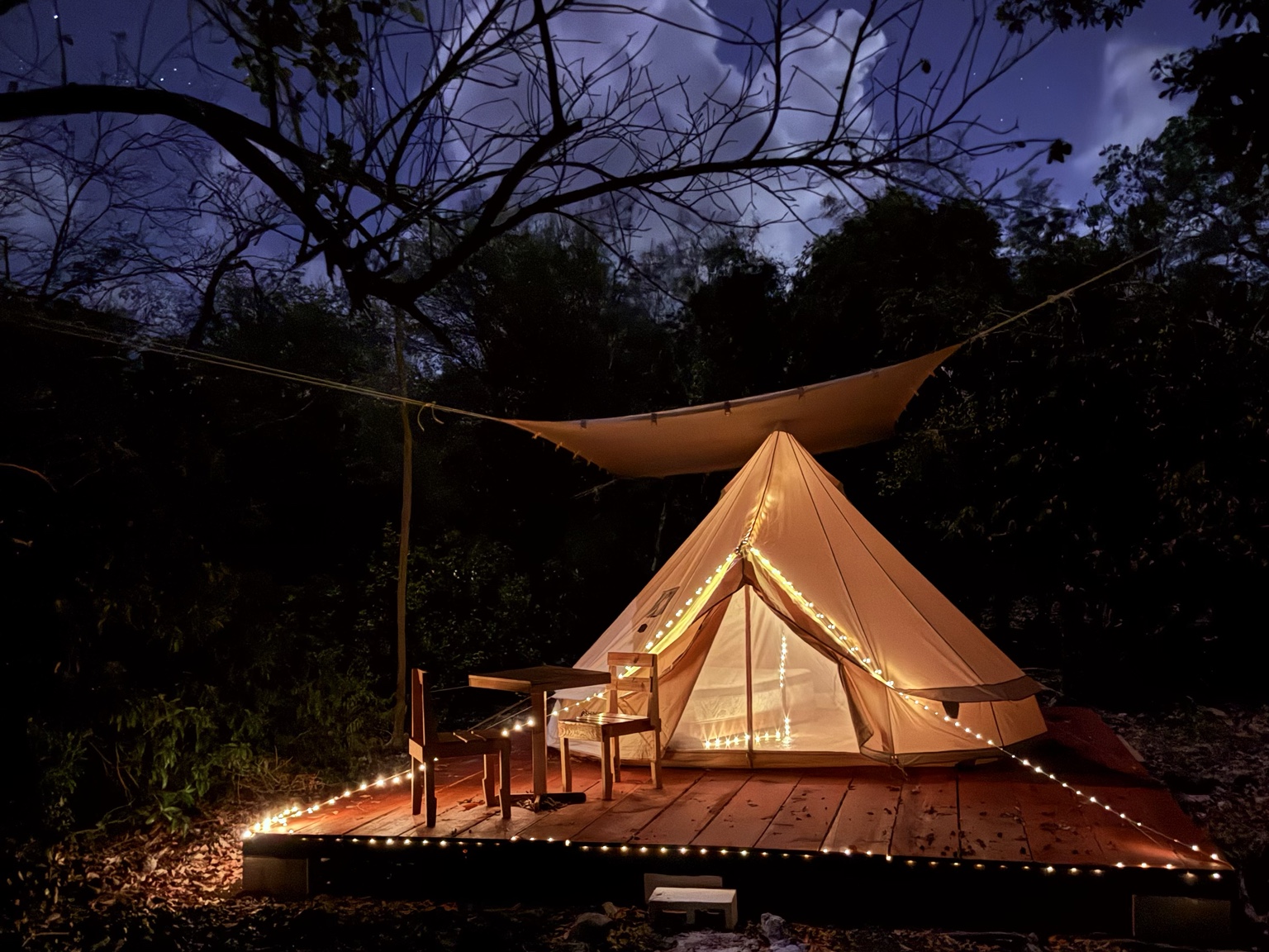 Aluxes Jungle Sanctuary glamping tent glowing at night.